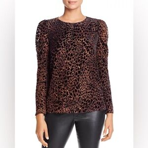 Elie Tahari Blouse Noelle Brown Leopard print Velvet puff Sleeves Size M